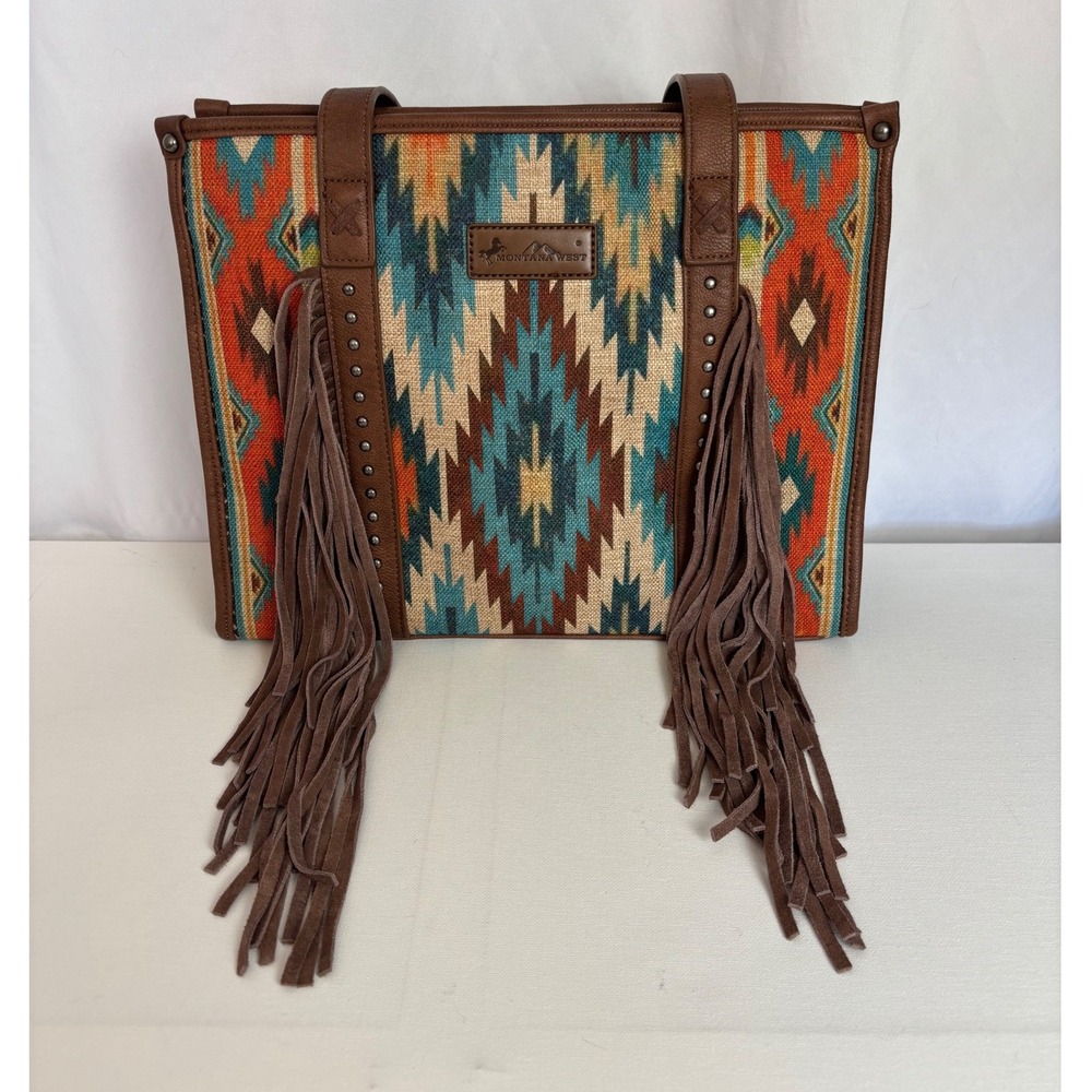 Montana West Aztec Tote Bag Southwestern Fringe Studded Brown Turquoise Orange
